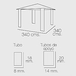 DATOS TÉCNICOS      Pérgola papillon plegable.     - Funcional pérgola con estructura metálica de acero barnizado, con cubierta de poliester.     - Medidas: 300 x 300 cms.     - Altura: 250 cms.     - Tubos de apoyo de 25x25 mm.     - Chasis 18 x 10 mm.